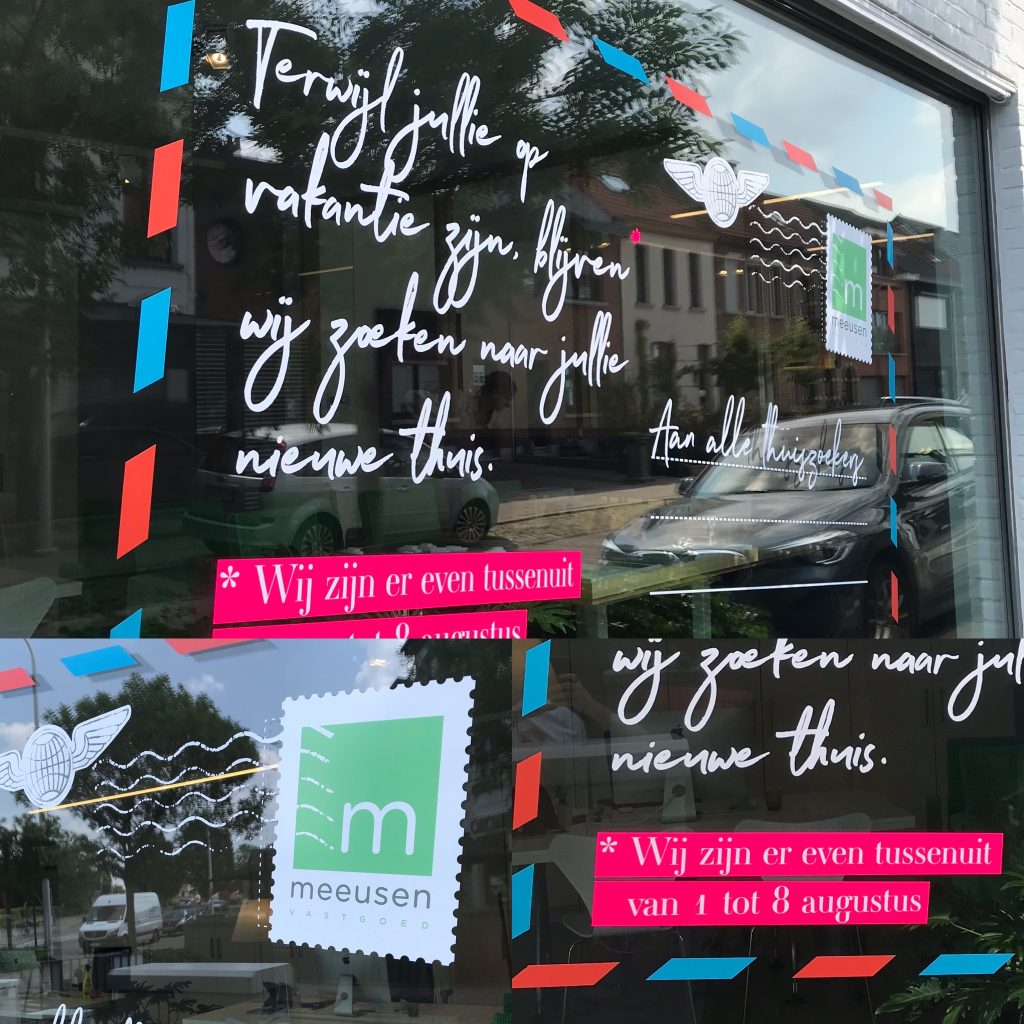 meeusen vastgoed belettering raam vakantie